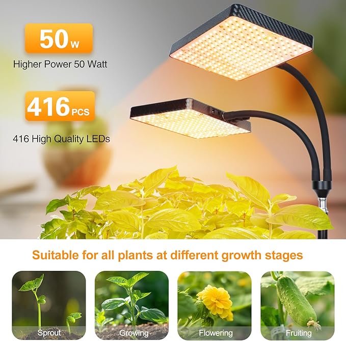 2-Head Grow Light with Stand 50W, FECiDA 2025 Grow Lights for Indoor Plants, Full Spectrum LED