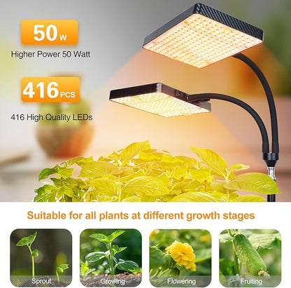 2-Head Grow Light with Stand 50W, FECiDA 2025 Grow Lights for Indoor Plants, Full Spectrum LED