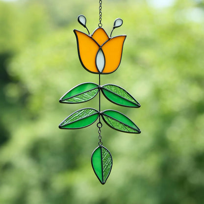 Tulip Stained Glass Suncatcher, Folk Flower Stained Glass Window Hanging Sun Catcher, Retro Home