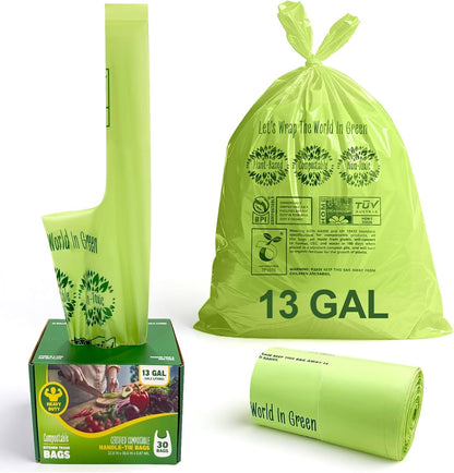 10-13 Gallon Compostable Trash Bags Handle-Tie, Heavy Duty Thick 0.87 Mil, 49.21 Liter, 30 Bags
