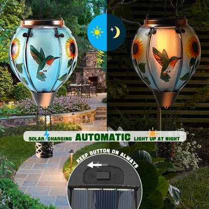 Hot Air Balloon Solar Lantern - Large Hummingbird Glass Lantern, Simulated Flickering & Dancing