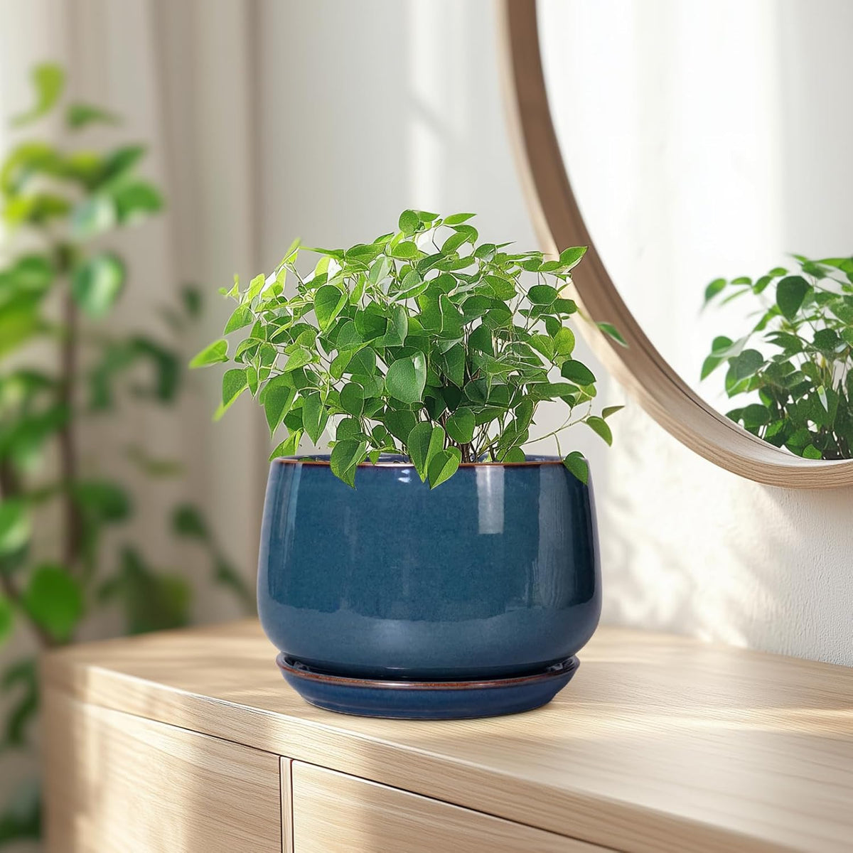 G EPGardening Ceramic Pot for Plants - Modern 7 Inch Round Planter with Drainage and Tray Indoor