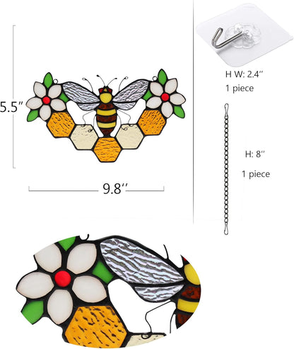 Bee Decor Stained Glass Window Hanging,Honeybee Honeycomb with Flowers Suncatcher for Window,Wall