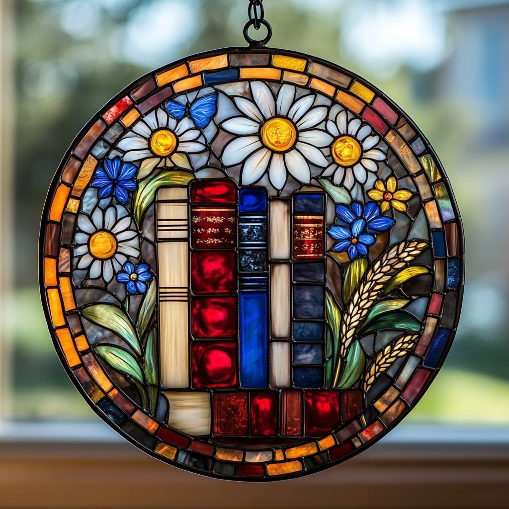 Floral Stack of Bookks Acrylic Suncatcher Stained Glass Effect Window Car Hanging Christmas