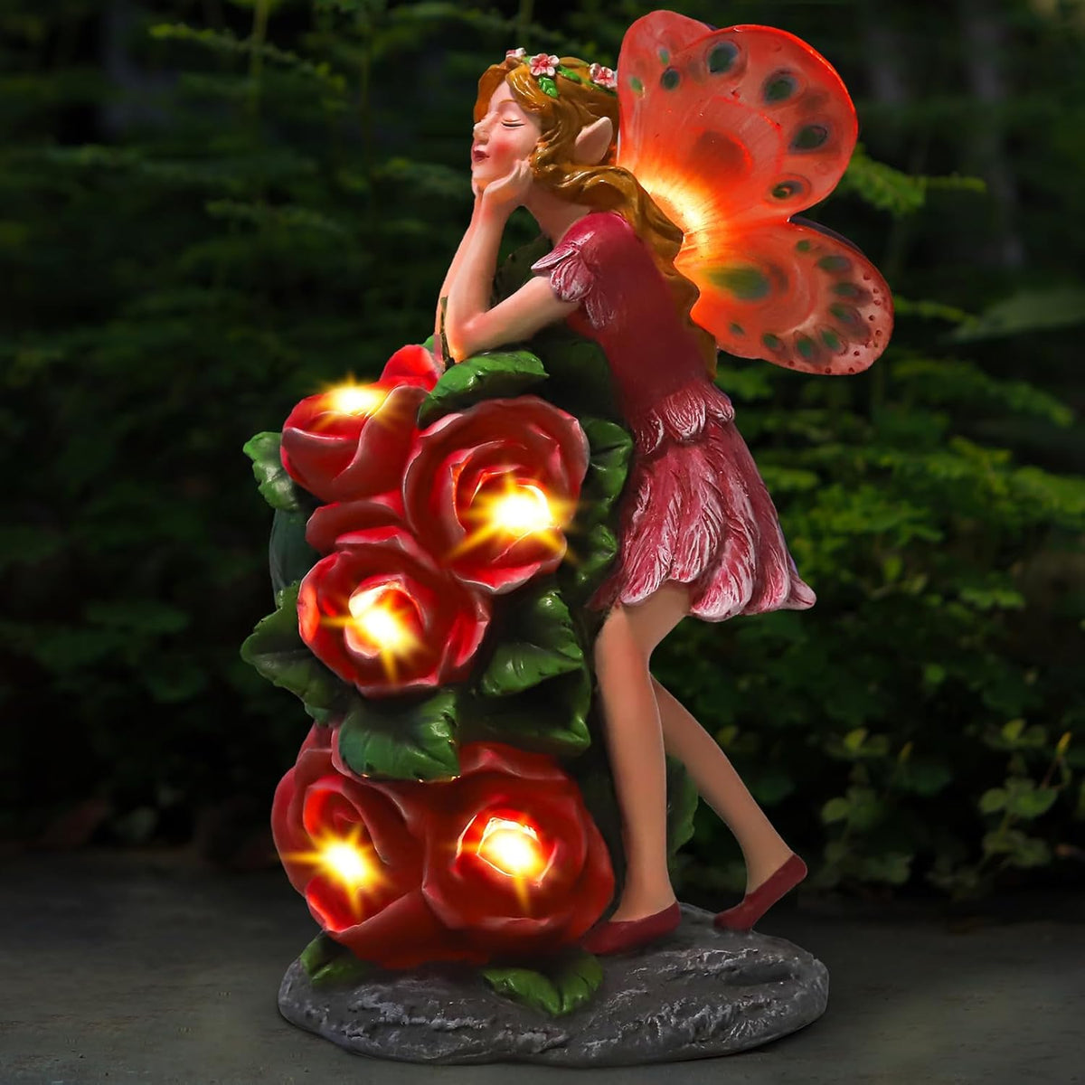Solar Garden Outdoor Statues Cute Flower Fairy with 7 LED Solar Figurine for Lawn,Patio, Balcony