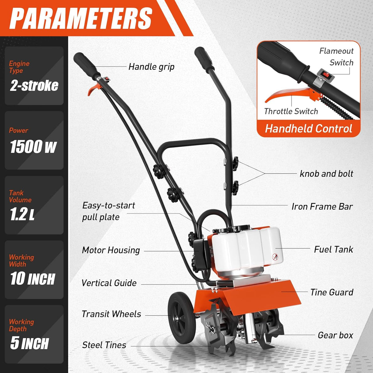 62cc Gas Tiller Cultivator, 10-Inch 2-Cycle Gas Powered Garden Tiller for Heavy Duty Soil