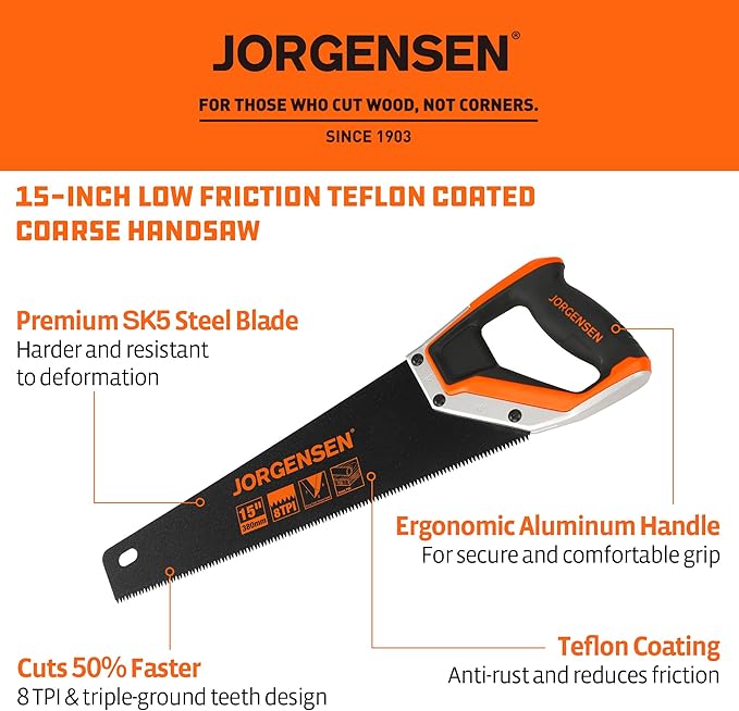 JORGENSEN 15??Hand Saw, Black Coated Coarse Handsaw 8TPI for Wood Cutting, Ergonomic Non-Slip