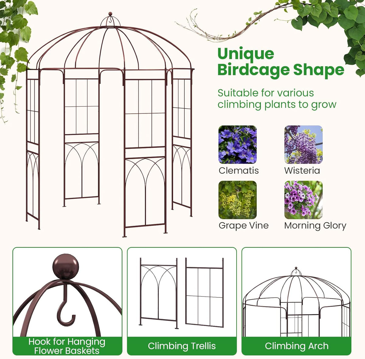 Giantex Birdcage Shape Garden Arbor, 8.4ft High x 7ft Wide, Metal Gazebo Arch Pergola Pavilion for