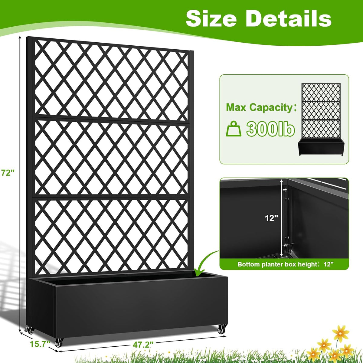 Metal Planter Box with Trellis, 72"x35"x16" Metal Raised Garden Bed with Trellis, Trellis Planter