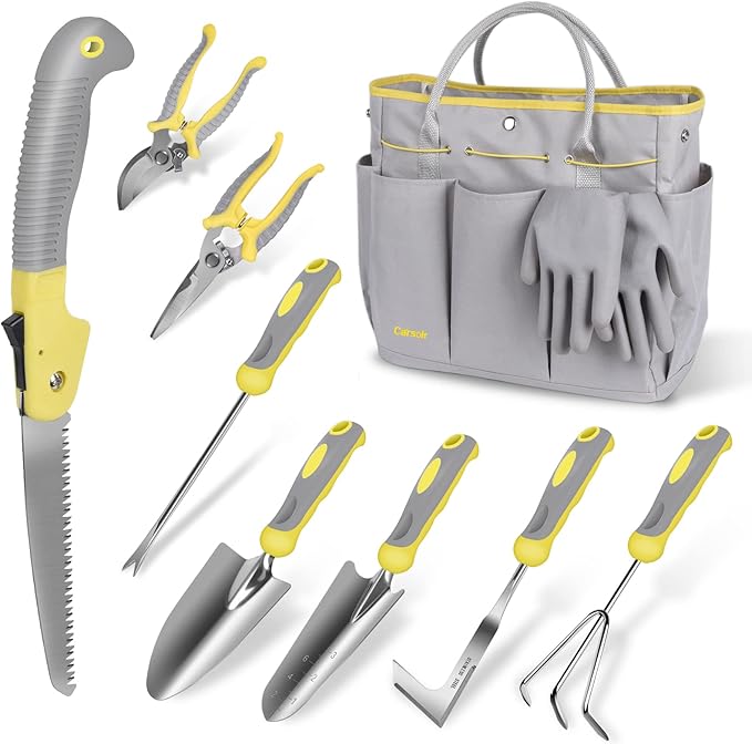 Garden Tool Set, Carsolt 10 Piece Stainless Steel Heavy Duty Gardening Tool Set for Digging
