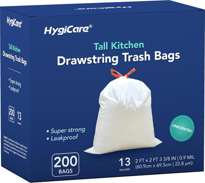 13 Gallon Tall Kichen Trash Bags, Unscented 200 Count Drawstring Garbage Bags, Pre-Separated, Ultra