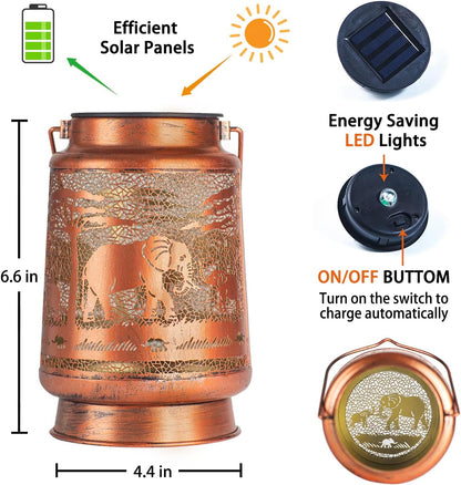 2 Pack Elephant Outdoor Solar Hanging Lanterns Waterproof LED Solar Lights Metal Decorative