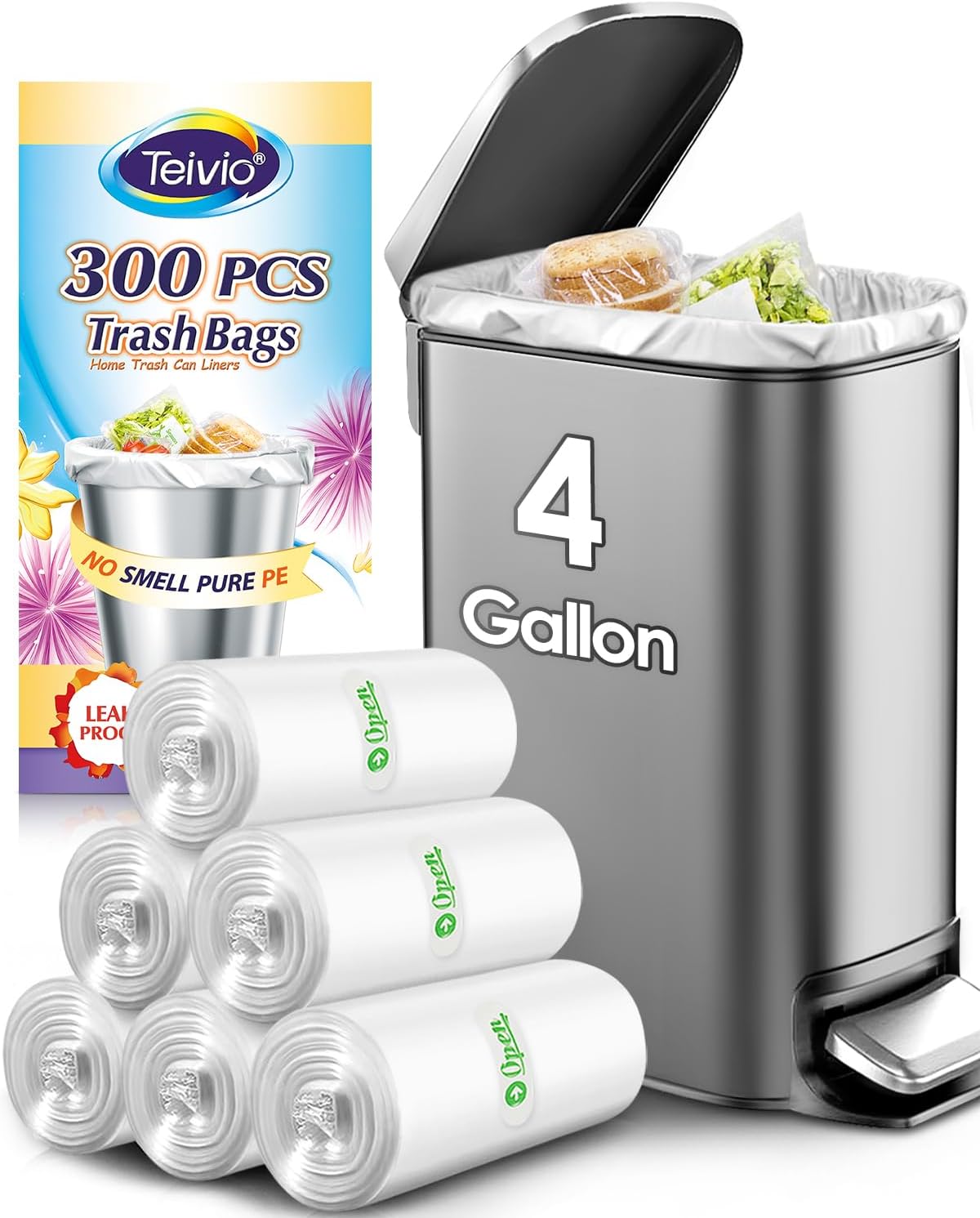 Teivio 4 Gallon 300 Counts Strong Clear Trash Bags Garbage Bags, Mini Waste Basket Liners,Bathroom