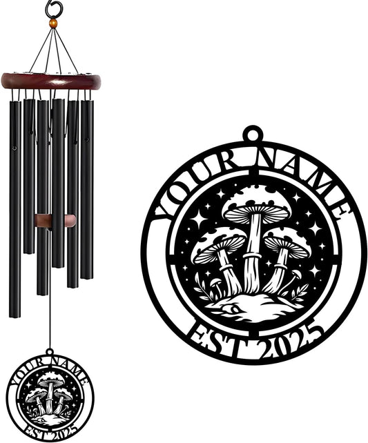 Personalized Customize Name Fantasy Mushroom Wonderland Wind Chime, Metal Iron 37 Inch Outdoor