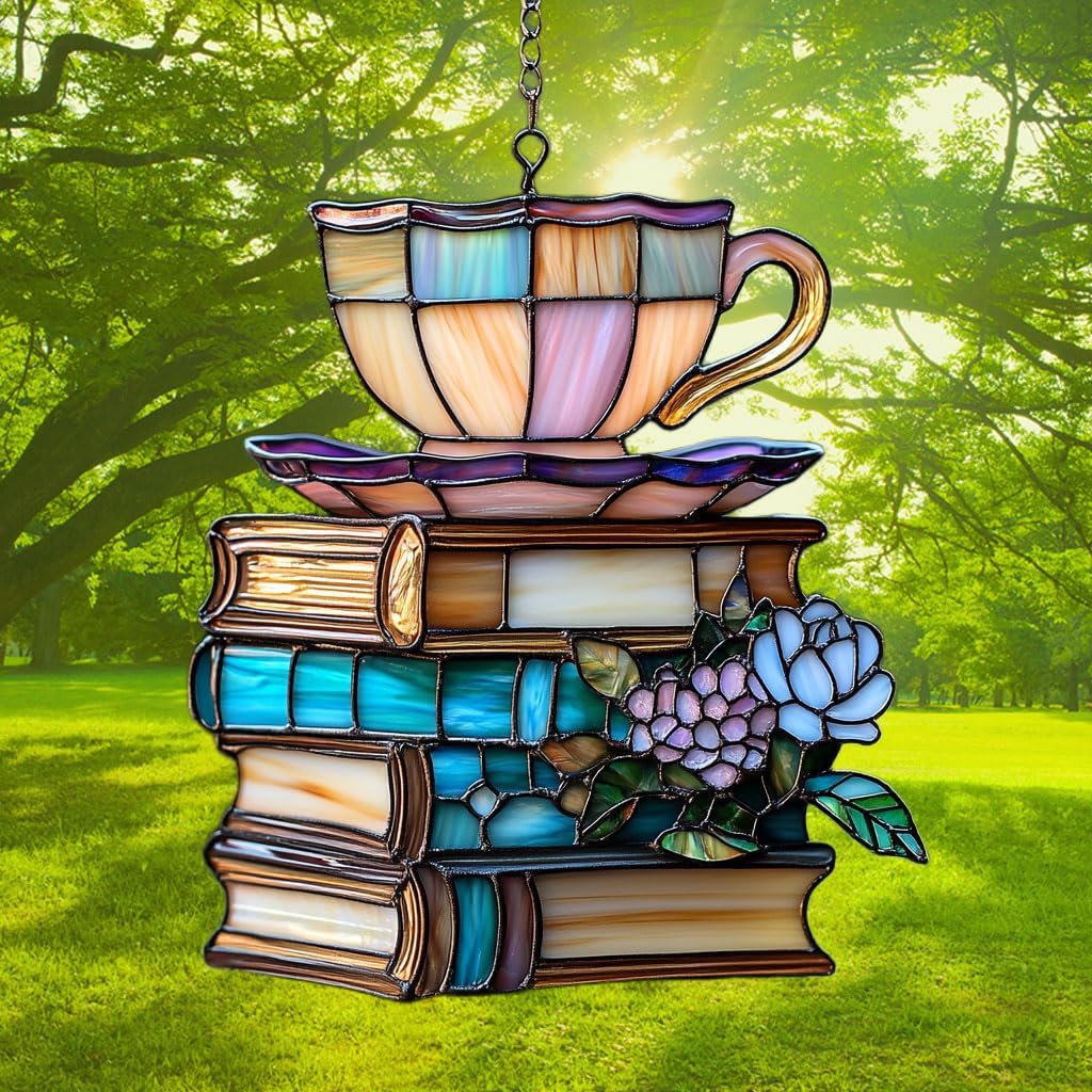Flowers Book and Tea Acrylic Suncatcher Stained Glass Effect Window Car Hanging Christmas Ornament
