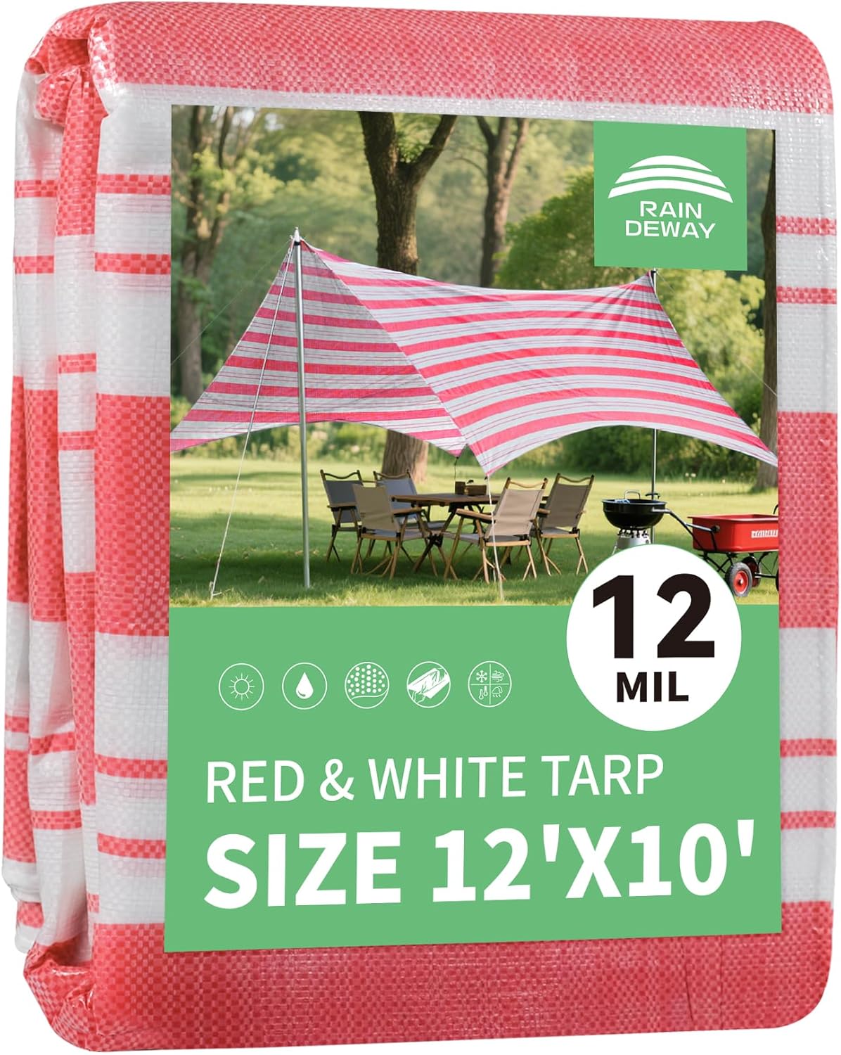 RAINDEWAY Tarps 10x12 Feet,12 Mil Sunshade Striped Tarp Waterproof,Multipurpose Poly Tarp Cover