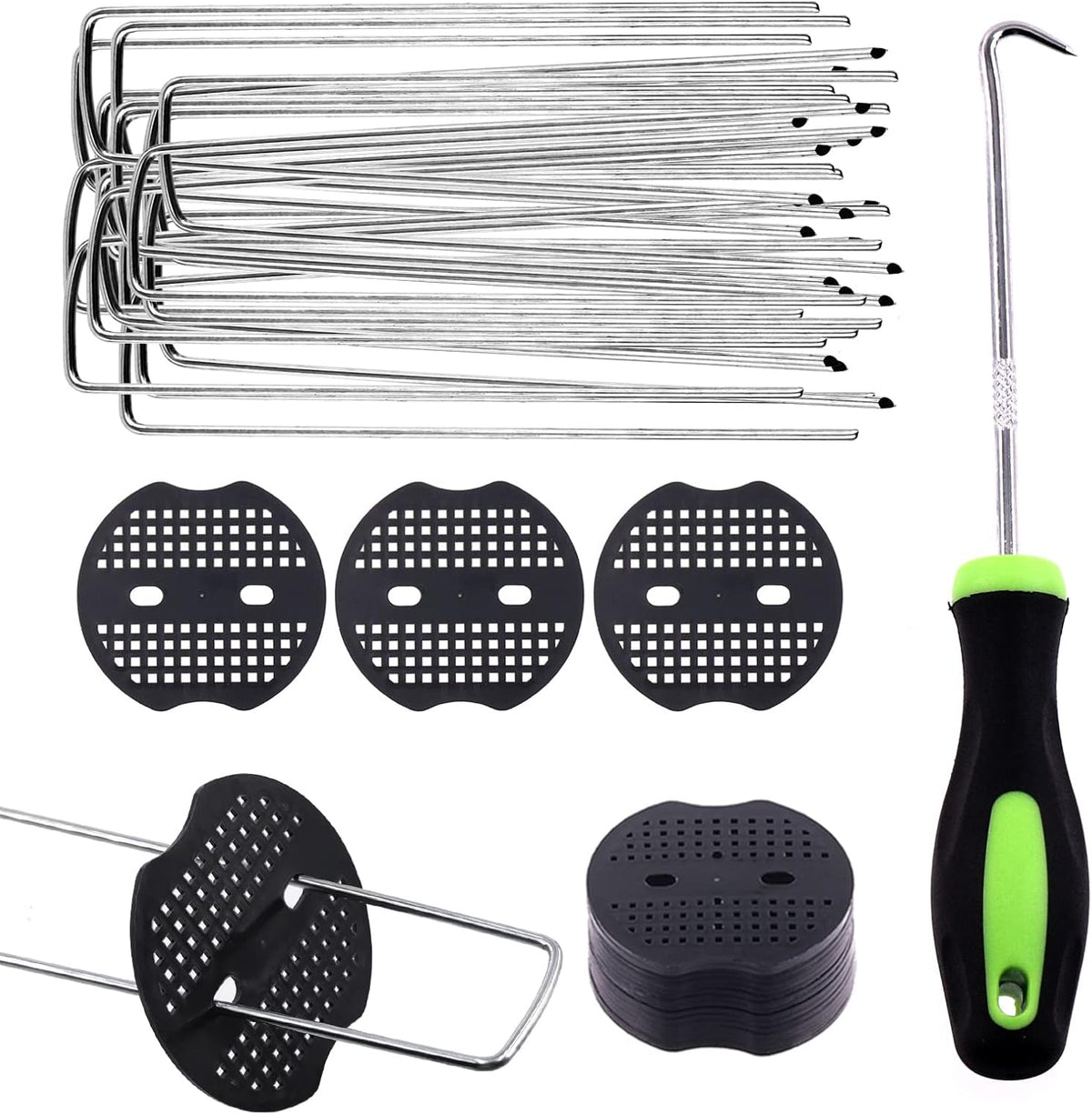 Swpeet 201Pcs U-Shaped Landscape Garden Stakes Staples and Plastic Fixing Gasket with Pick Hook