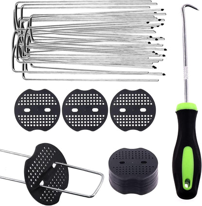 Swpeet 201Pcs U-Shaped Landscape Garden Stakes Staples and Plastic Fixing Gasket with Pick Hook