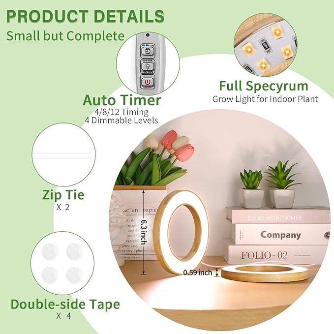LORDEM 6.3” Bamboo Ceiling Grow Light for Indoor Plants, 72 LEDs Full Spectrum Plant Light, Corded