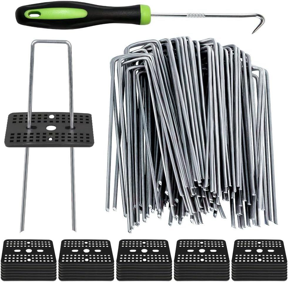 Bakulyor 50 Pcs Landscape Staples + 50 Pcs Gasket, 6 Inch Garden Stakes Staples 11 Gauge U Shaped