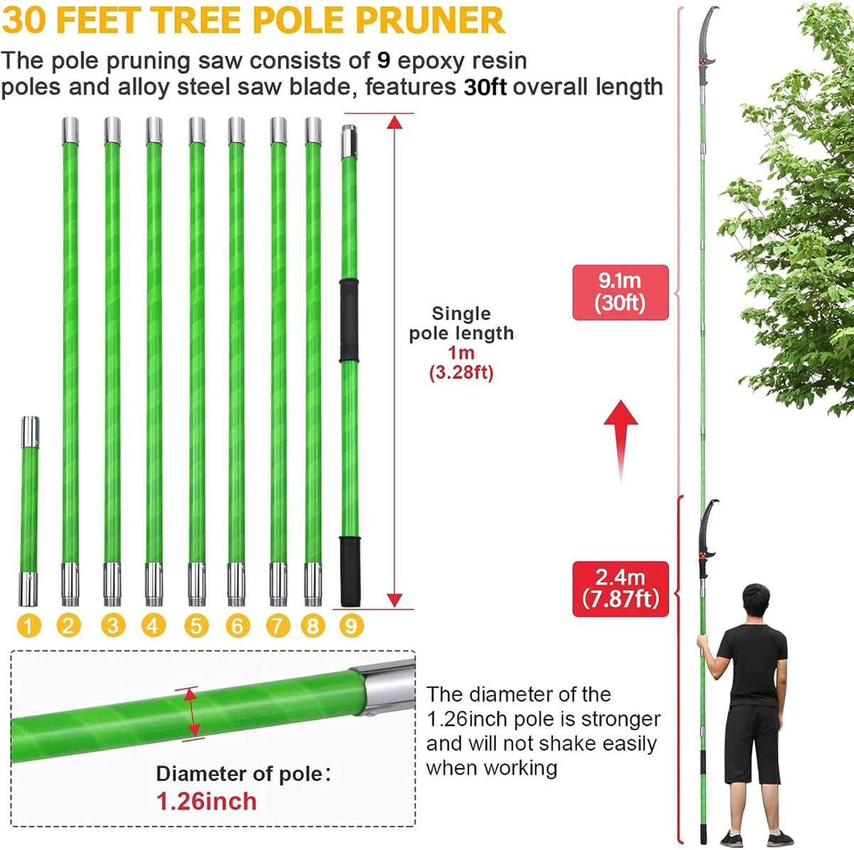 30 Feet Tree Pole Pruner Manual Branches Trimmer Tree Branch Garden Tools Loppers Hand Pole Saws