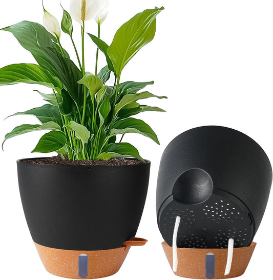 2 Pack 10 inch Plant Pots, Plastic Self Watering Planters with Drainage Holes, Deep Reservoir