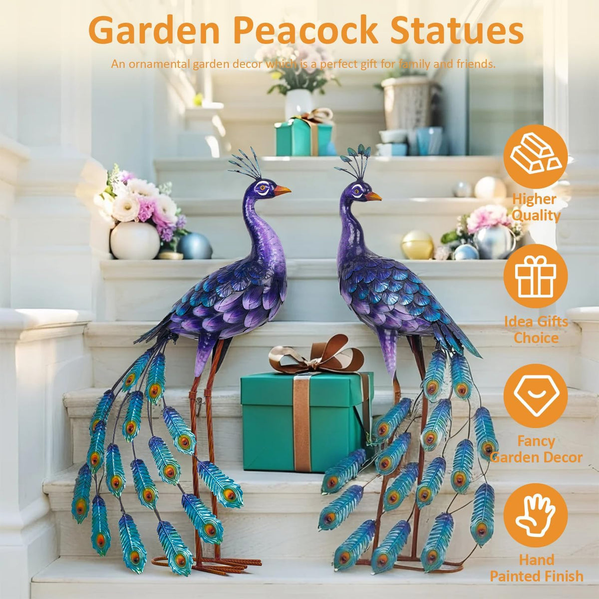 Kircust Purple Peacock Garden Statue and Sculpture, Metal Peacocks Yard Art Lawn Decor, Large Birds