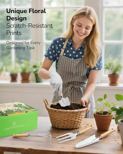 Gardening Tools, 10-Piece Gardening Gift Set for Women, Rust-Proof & Heavy-Duty Tools with Floral