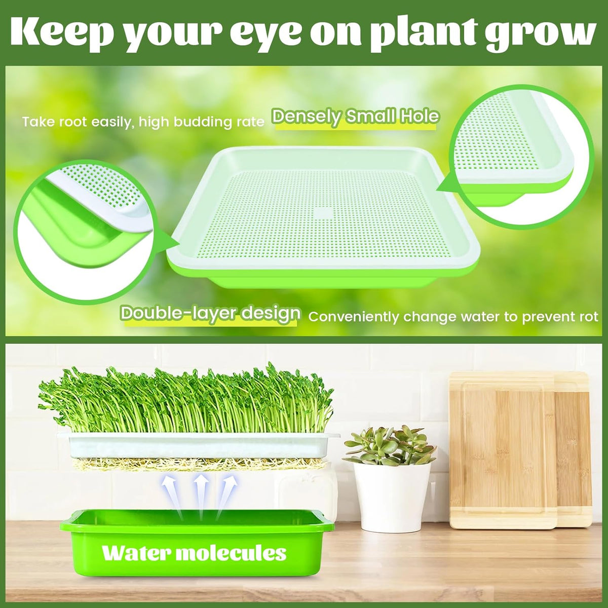Legigo 16 Pack Green Seed Sprouter Trays- Soil-Free Cultivation Germination Tray, BPA Free Nursery