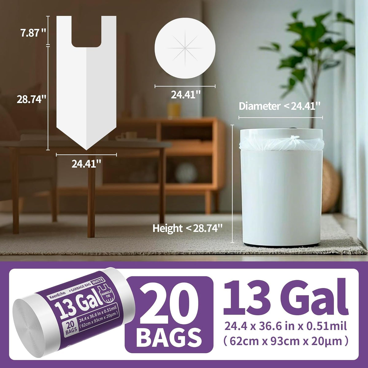 Small Trash Bags with Handles 13 Gallon 20 Count White - Ocean Plastic Upcycling - Plastic Garbage