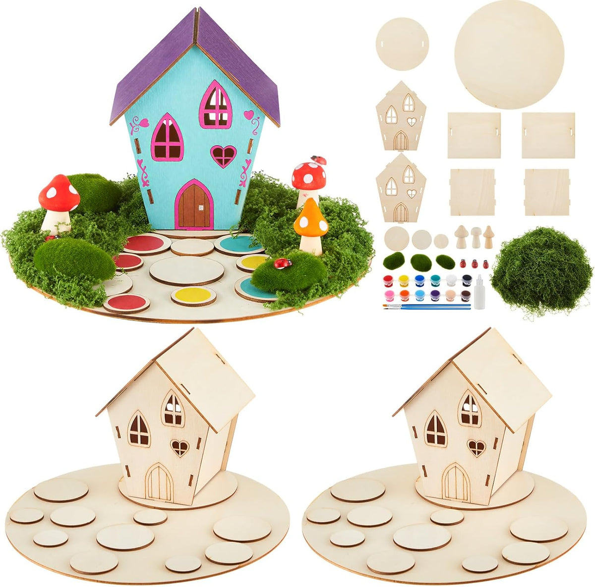 Kathfly 2 Sets Wooden Fairy House Craft Kit, Fairy Garden Kit with Paints & Decorations, Unpainted