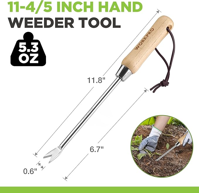 WORKPRO Dandelion Weeder Puller Tool with Wood Handle, Polished Stainless Steel Garden Weed Remover