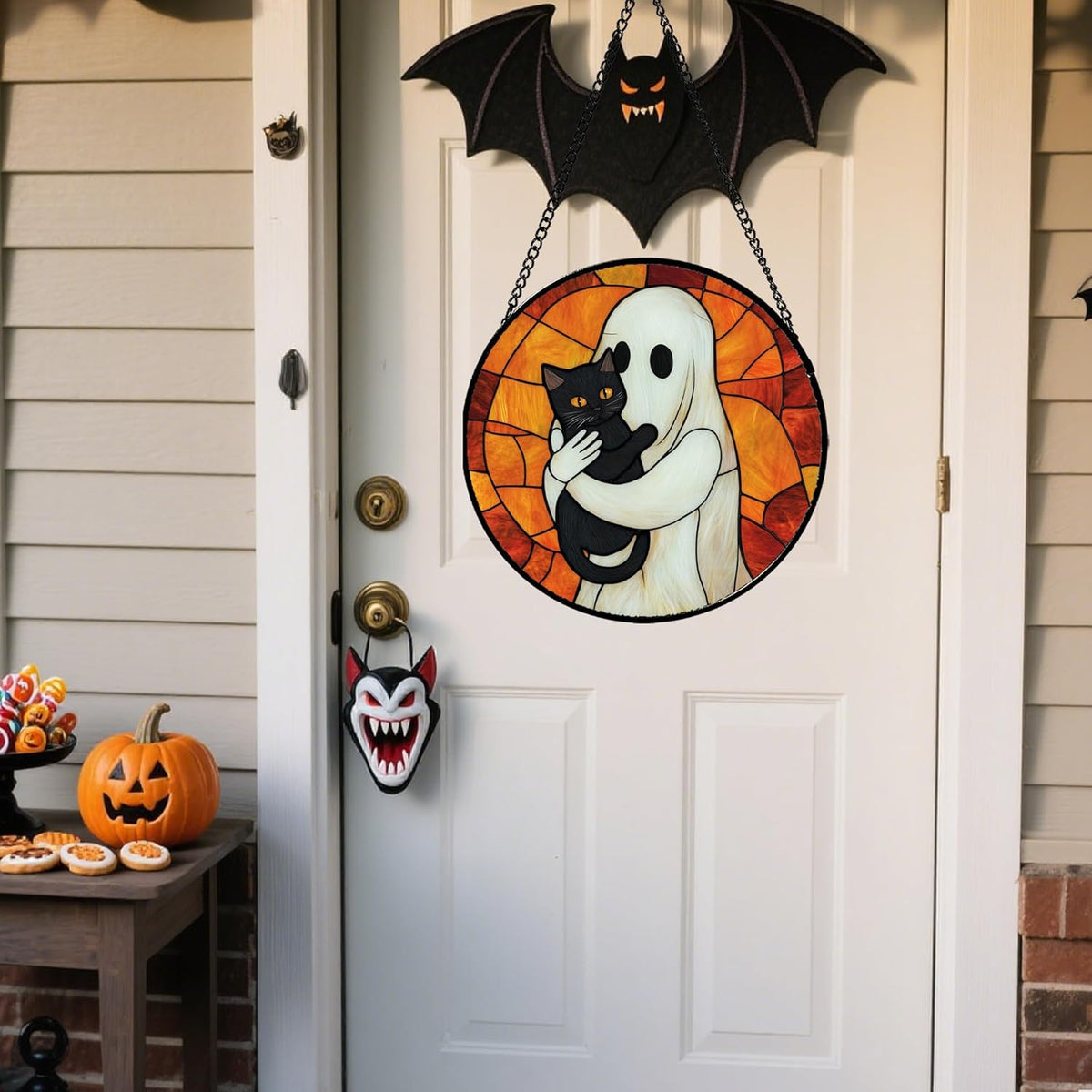 Stained Glass Window Hanging - Halloween Decorations White Ghost Black Cat Suncatcher for Doors