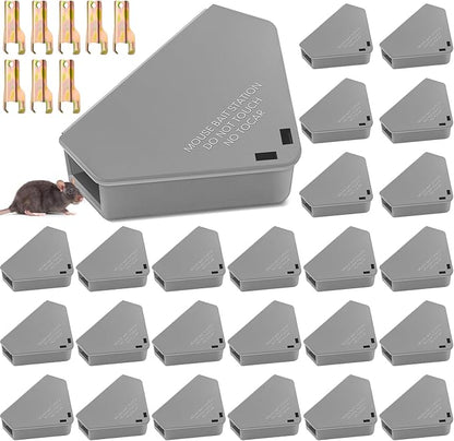 Qualirey 24 Pcs Mice Station with Key Triangle Bait Station Reusable Rodent Trap Bait Box, Keeps