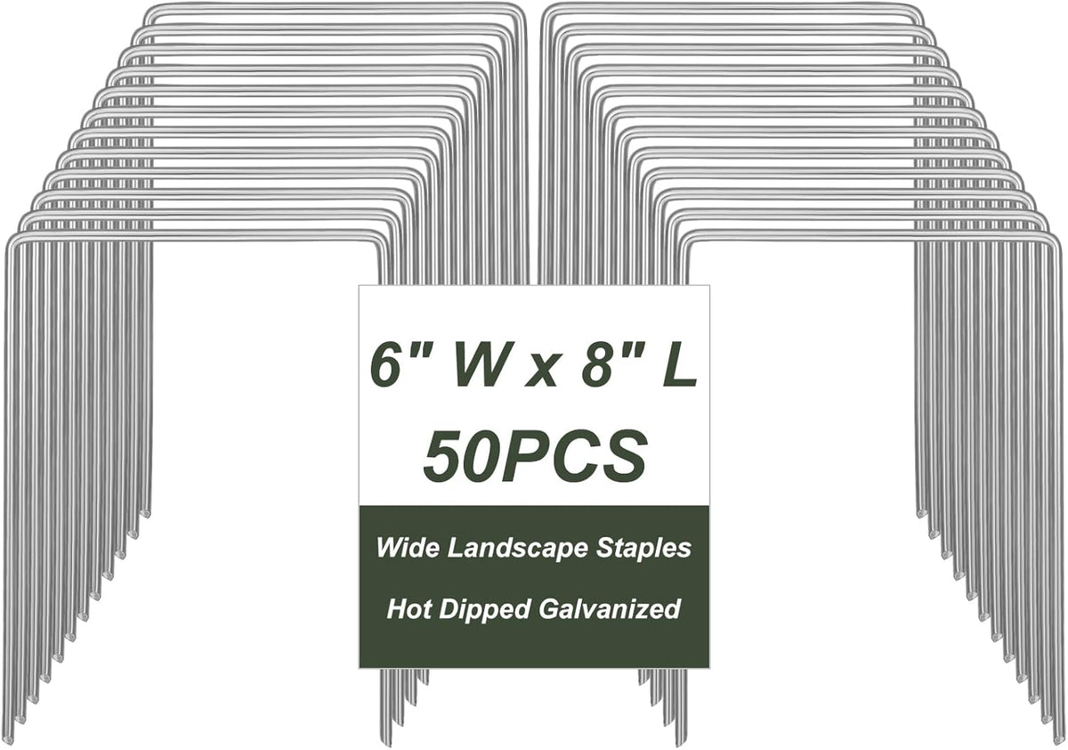 50 Pack Heavy Duty Wide Landscape Staples, 7 Gauge Galvanized Steel Turf Stakes Garden Stakes Bulk