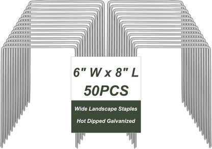 50 Pack Heavy Duty Wide Landscape Staples, 7 Gauge Galvanized Steel Turf Stakes Garden Stakes Bulk