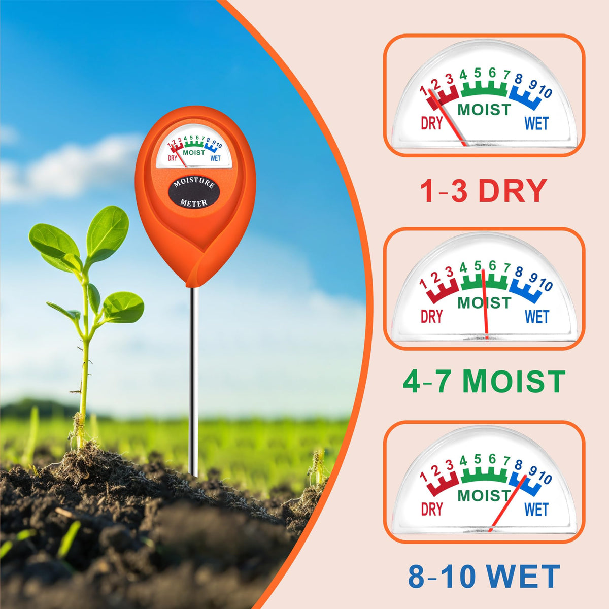 XLUX Orange 2 Pack Soil Moisture Meter, Garden Lawn Indoor Outdoor Use, Battery-Free