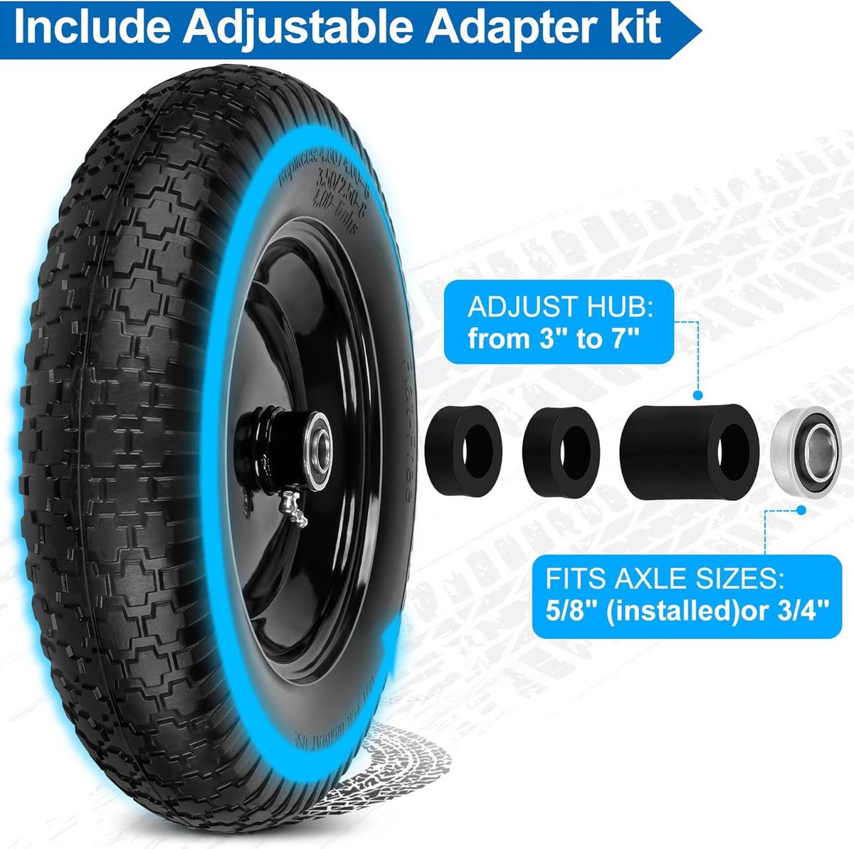 4.80/4.00-8" Flat Free Wheelbarrow Tires and Wheels, 14.5" Universal Fit Solid Tires with 5/8" or