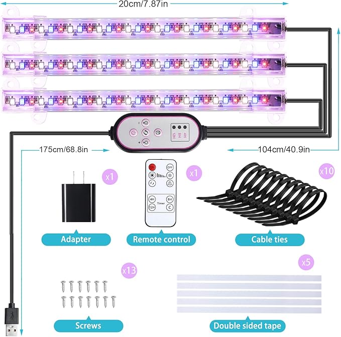 7.8'' LED Grow Light Strips, Grow Lamps for Indoor Plants Full Spectrum, Plant Light with 4/8/12H