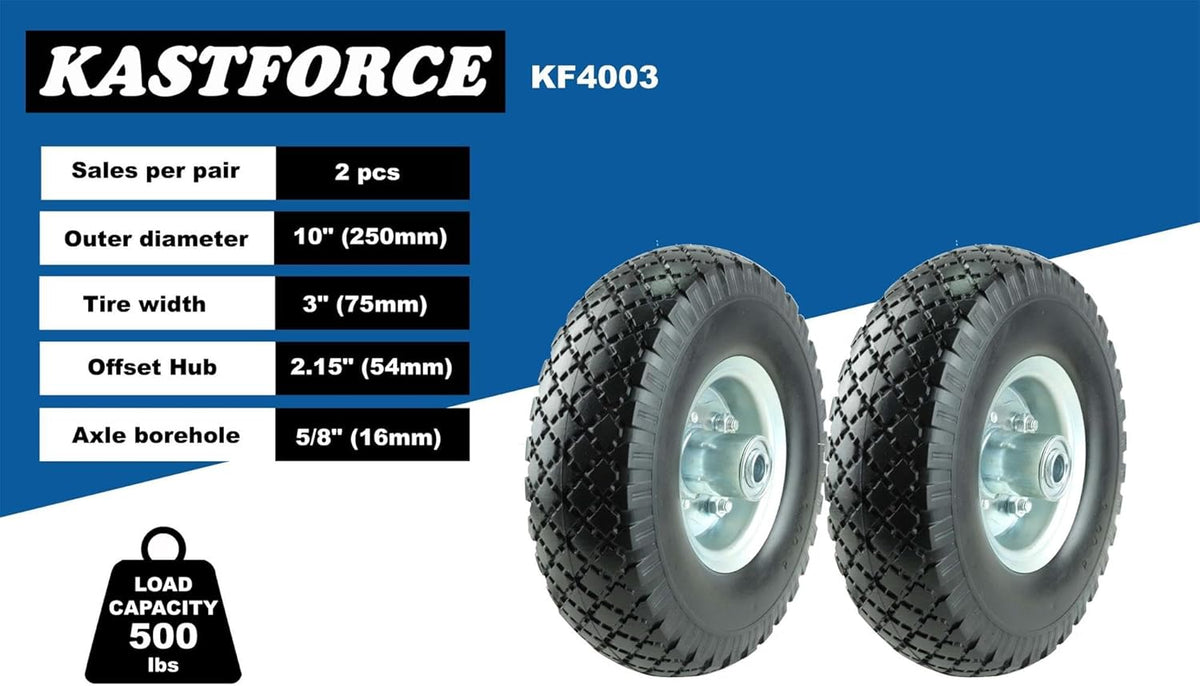 KF4003 Twin Pack 10-Inch Solid Rubber Tire Wheels Replacement 3.00-4 Tires Wheels Flat Free with