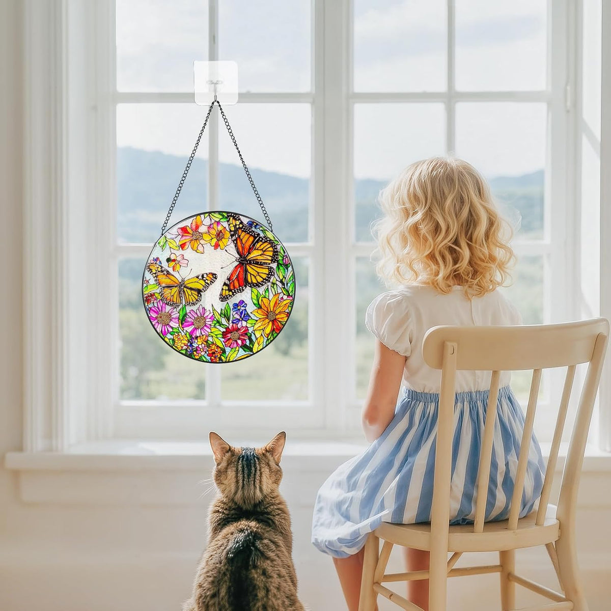 Suncatcher Stained Glass Window Hanging - Butterfly Glass Panel with Metal Chain and Hooks Handmade