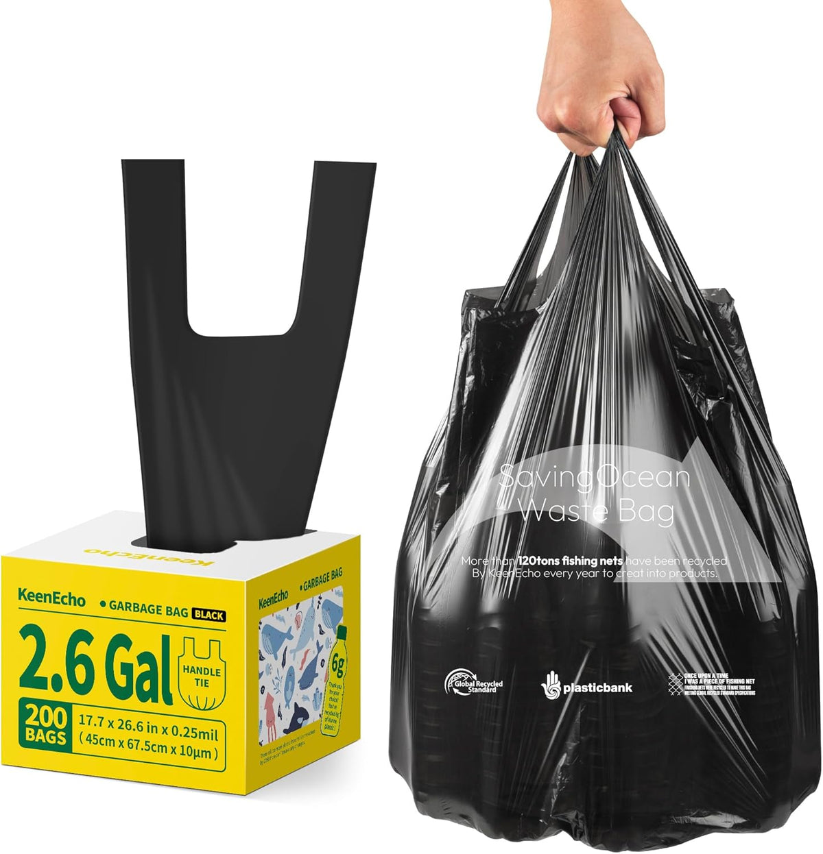 Small Trash Bags with Handles 2.6 Gallon 200 Count Black - Ocean Plastic Upcycling - Plastic