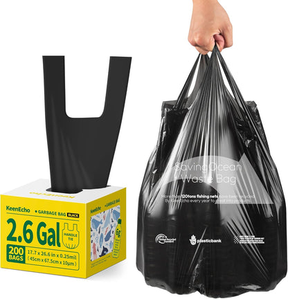 Small Trash Bags with Handles 2.6 Gallon 200 Count Black - Ocean Plastic Upcycling - Plastic