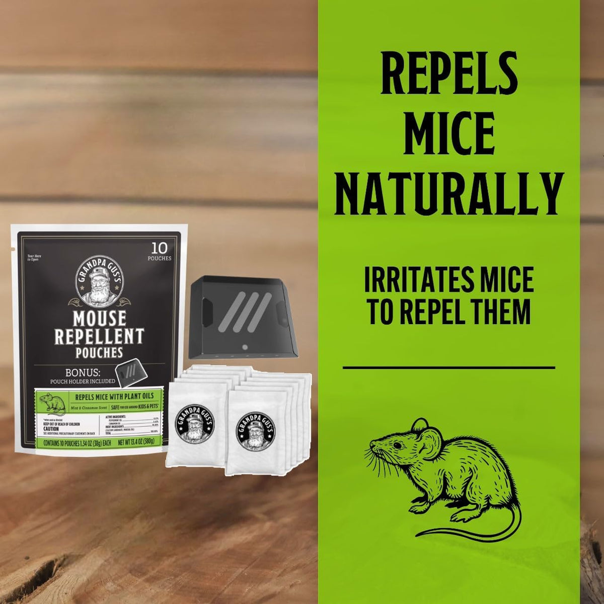 Grandpa Gus's Extra-Strength Mouse Repellent with Bonus Pouch Holder, Cinnamon/Peppermint Oils