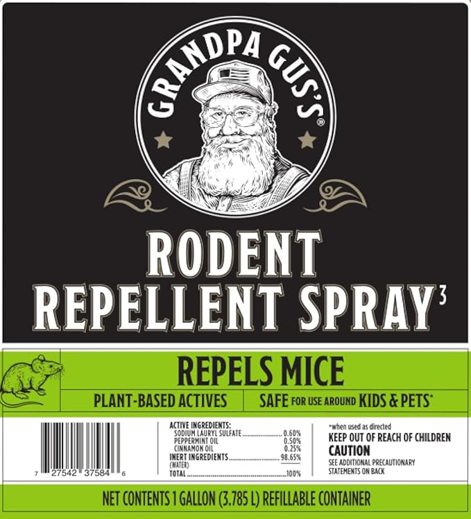 Grandpa Gus's Rodent Repellent Spray with Sprayer, Natural Peppermint & Cinnamon Oils Repel Mice
