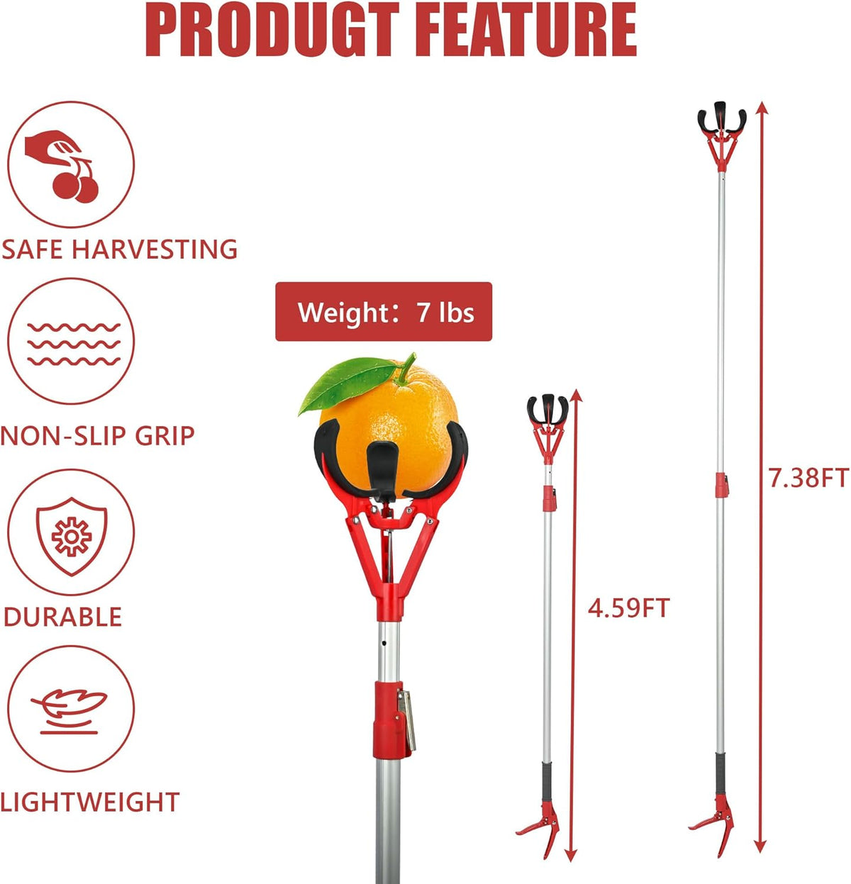 Adjustable Fruit Picker Extension 51"-91" Aluminum Telescoping Pole, Multi-Function Fruit Grabber