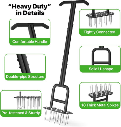 Lawn Aerator Spike Aeration Tool, Manual Air Aerator Tool for Lawn with Iron 18 Spikes, 38.8 Inch
