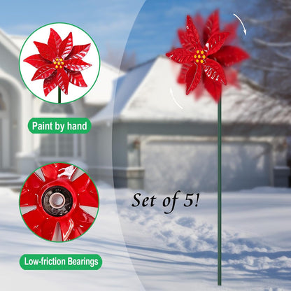 5 Pack Metal Poinsettia Wind Spinners for Garden,Outdoor Lawn Ornaments,Christmas Yard