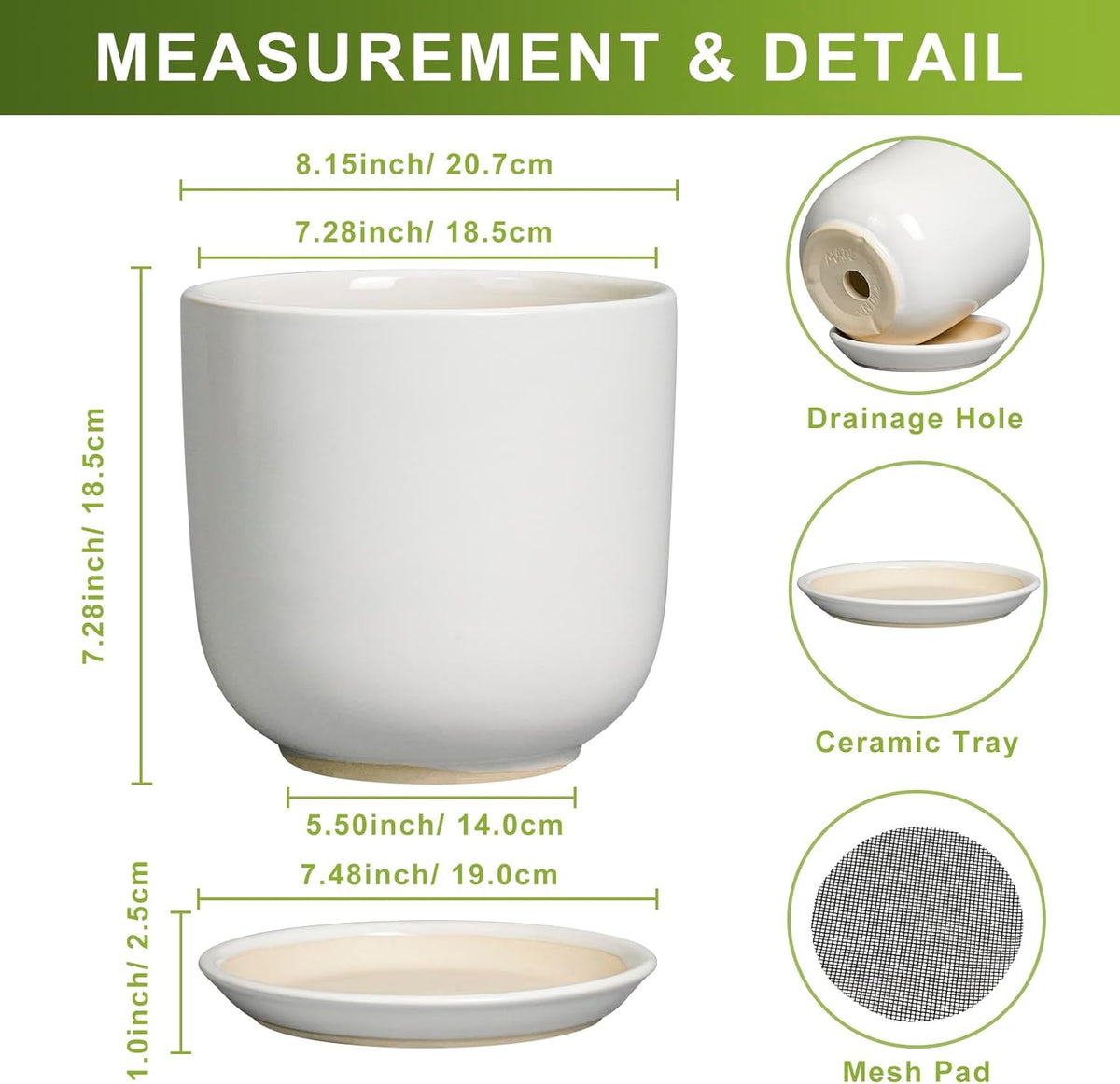 Ceramic Plant Pot - Modern 8 Inch Round Planter for Indoor Outdoor Plants with Drainage Hole and