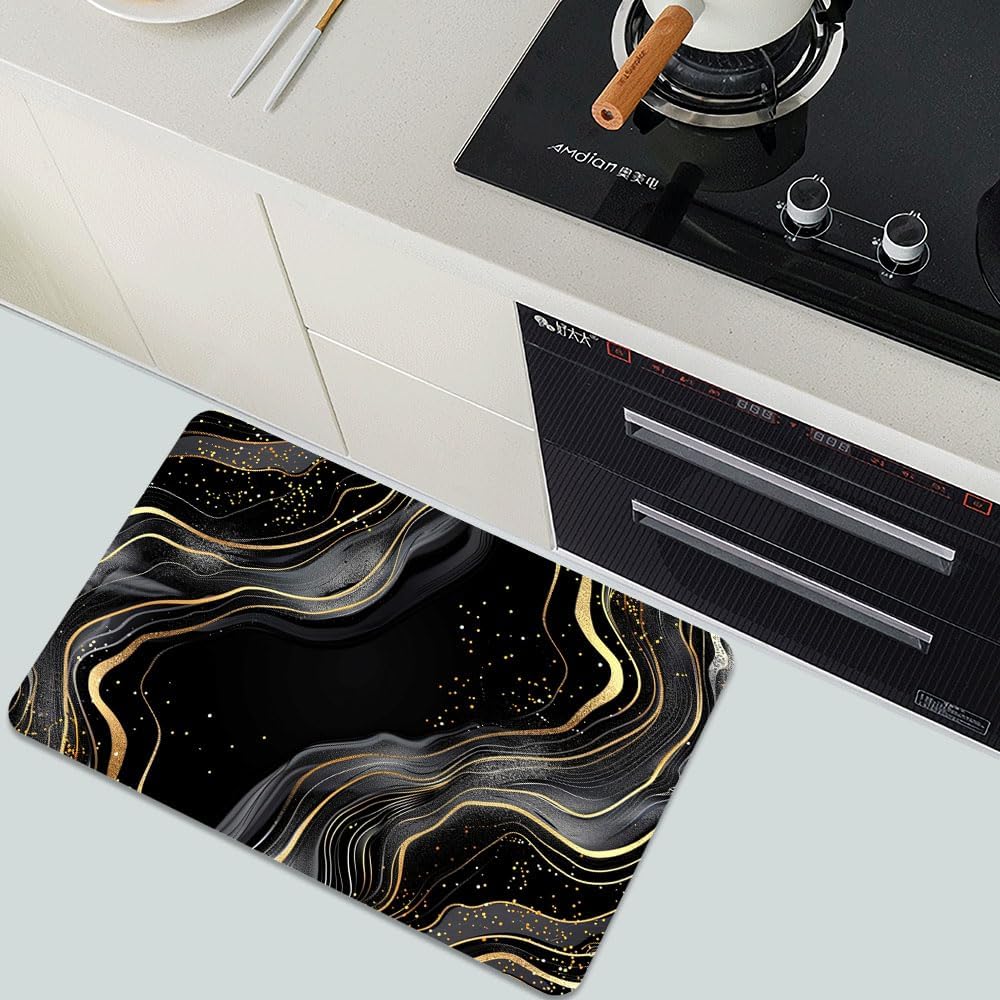 Bath Mat-Bathroom Rug，Black and Gold Abstract Marble-Absorbent Non Slip Quick Dry Stain Resistant